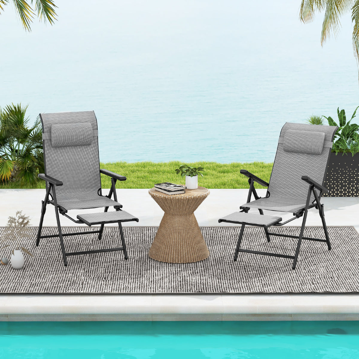 150 kg Capacity Folding Patio Chairs Set of 2 with 10-Level Adjustable Backrests and Armrests-Grey