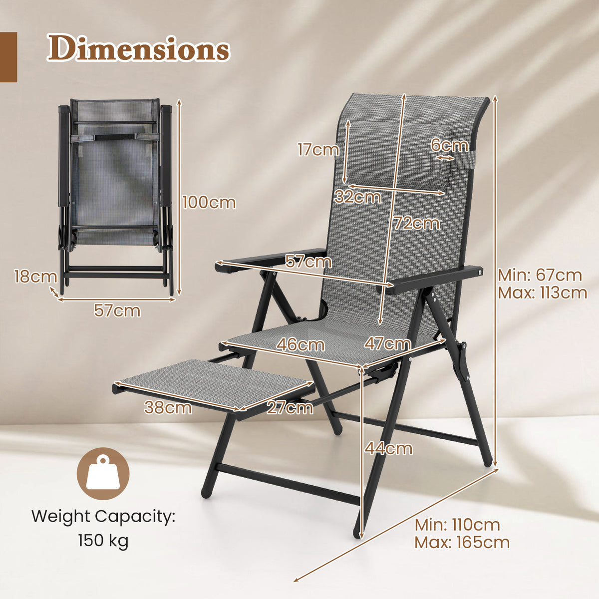 150 kg Capacity Folding Patio Chairs Set of 2 with 10-Level Adjustable Backrests and Armrests-Grey