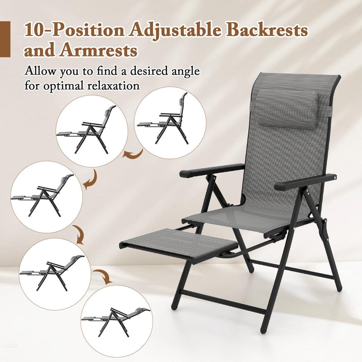 150 kg Capacity Folding Patio Chairs Set of 2 with 10-Level Adjustable Backrests and Armrests-Grey