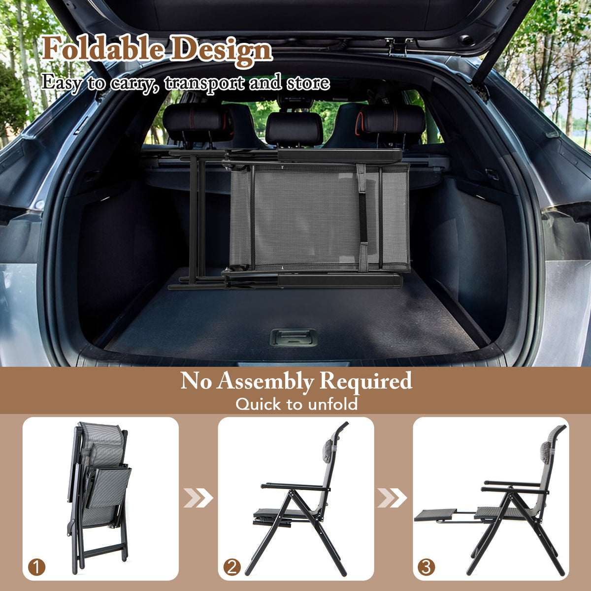 150 kg Capacity Folding Patio Chairs Set of 2 with 10-Level Adjustable Backrests and Armrests-Grey