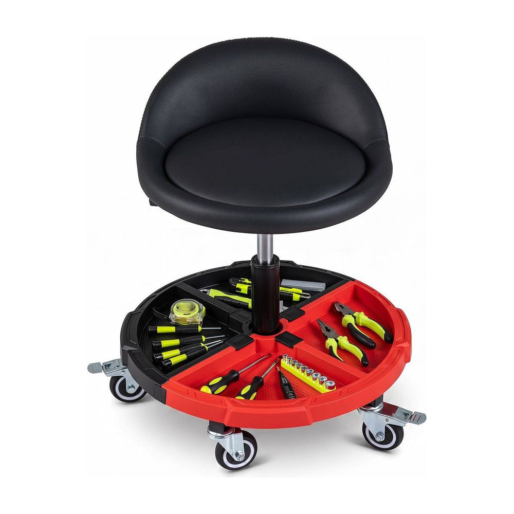 150 KG Max Weight Capacity 360° Rolling Mechanic Stool with tool storage tray and backrest in red