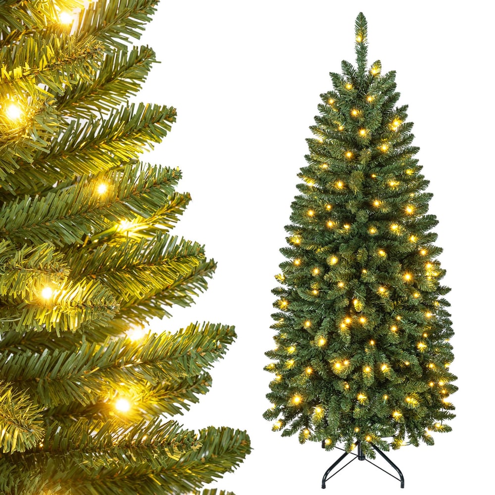 150cm Artificial Pine Xmas Tree with Full Branch Tips LED Lights with 2 Colors Folding Metal Stand