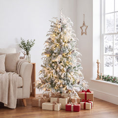 150cm Snow-Flocked Christmas Tree with Full Branch Tips and Natural Pine Cones Warm White LED Lights