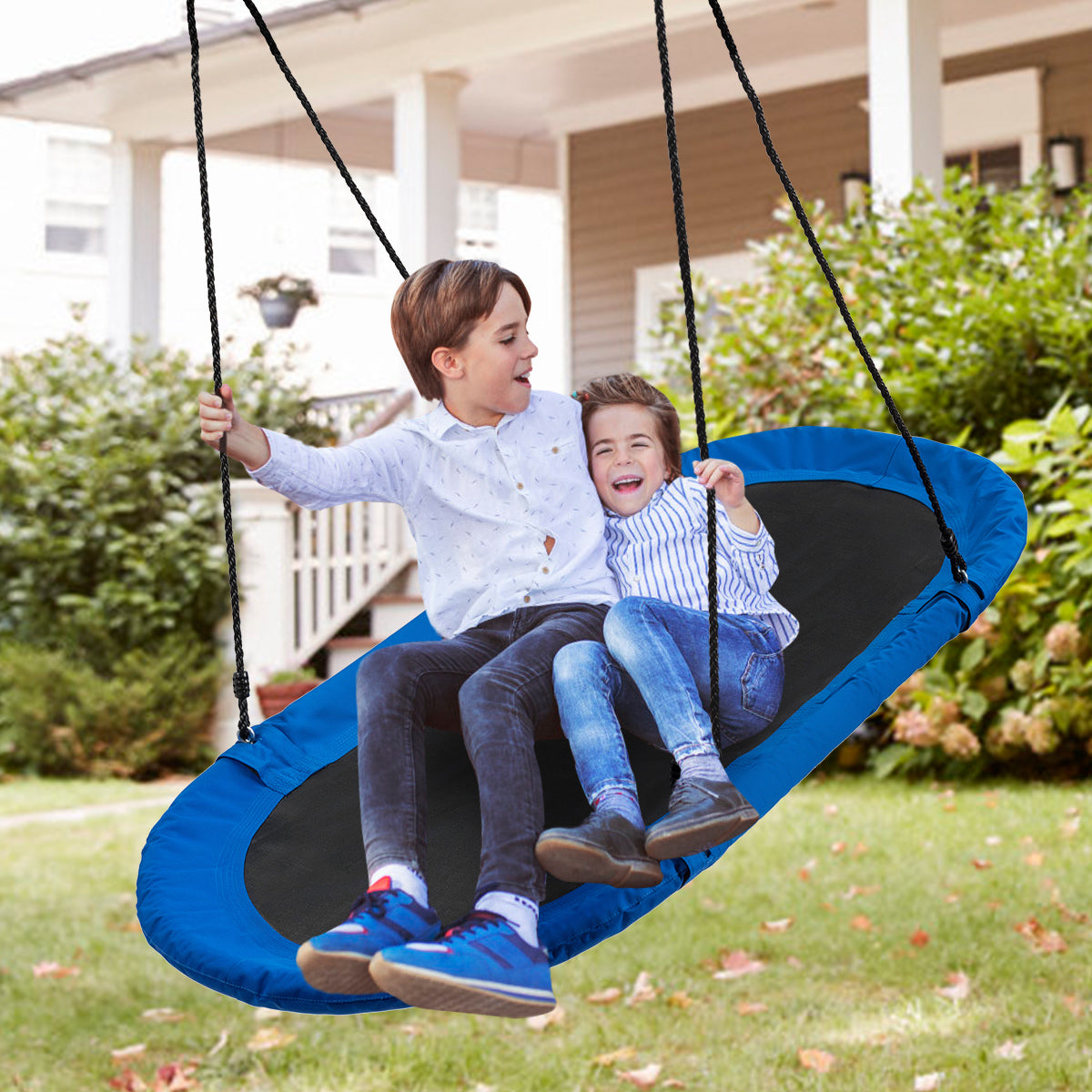 150 cm Oval Swing with Height-Adjustable Rope for Outdoor Indoor-Blue