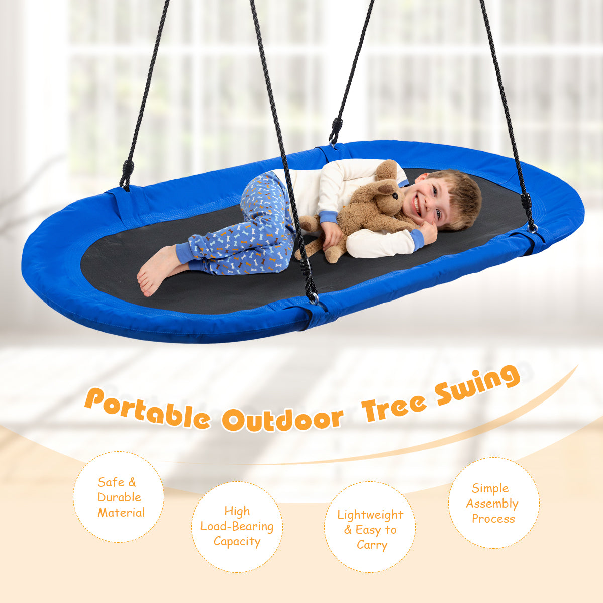 150 cm Oval Swing with Height-Adjustable Rope for Outdoor Indoor-Blue