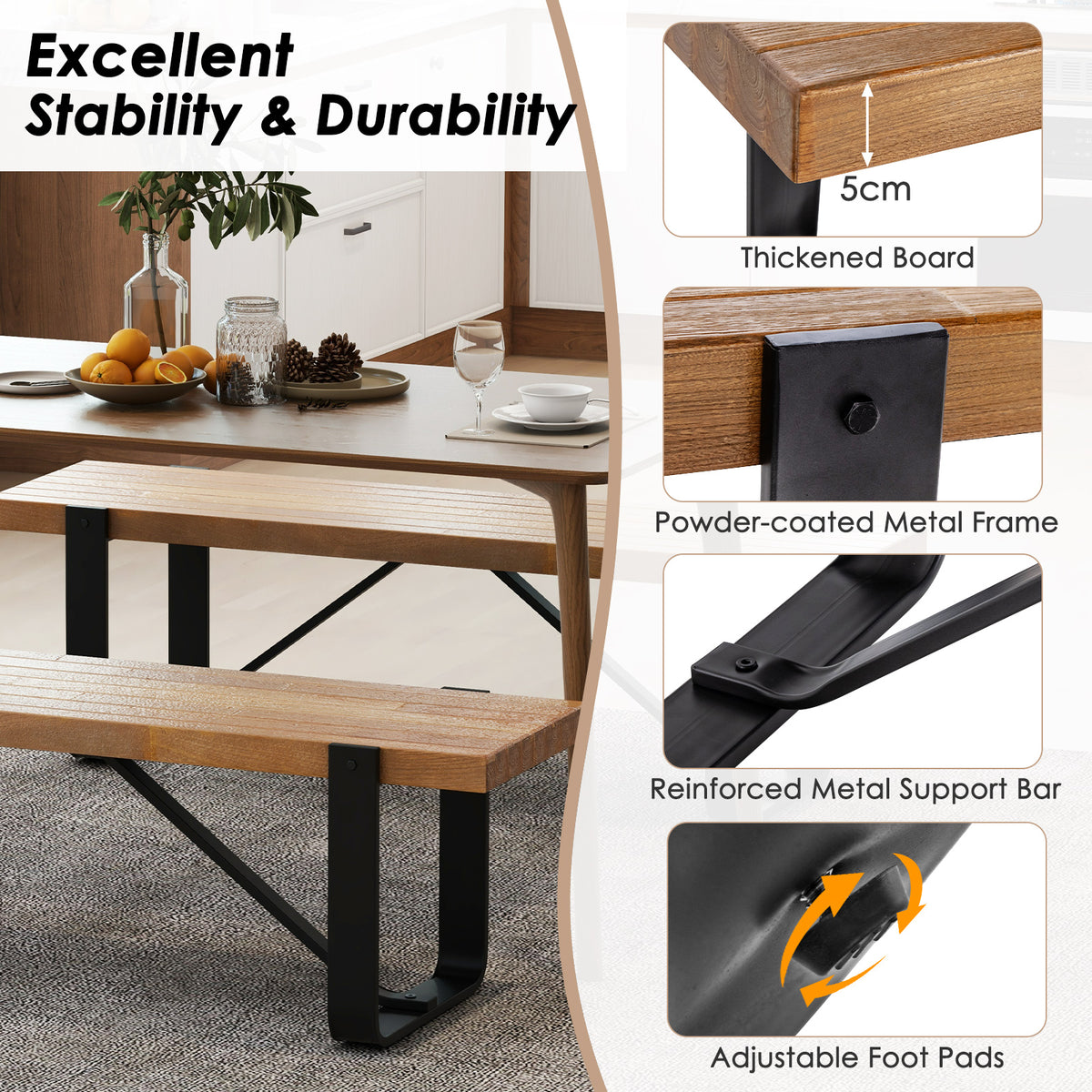 152cm Long Hallway Bench with Metal Frame 300kg Load Bearing-Natural