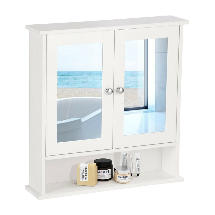 Wooden Hanging Medicine Organizer with Mirror and Adjustable Shelf-White