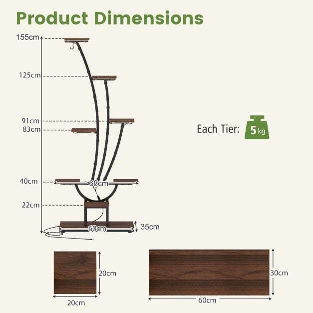 The plant stand shown with technical measurements and dimensions for the frame and shelves