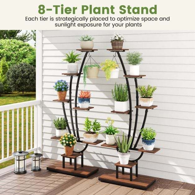 The plant stand displayed on a wooden outdoor deck filled with assorted potted plants