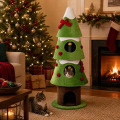 157.5 cm Christmas Cat Tree with 3 Cozy Condos and 2 Hanging Balls-Green