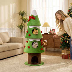 157.5 cm Christmas Cat Tree with 3 Cozy Condos and 2 Hanging Balls-Green