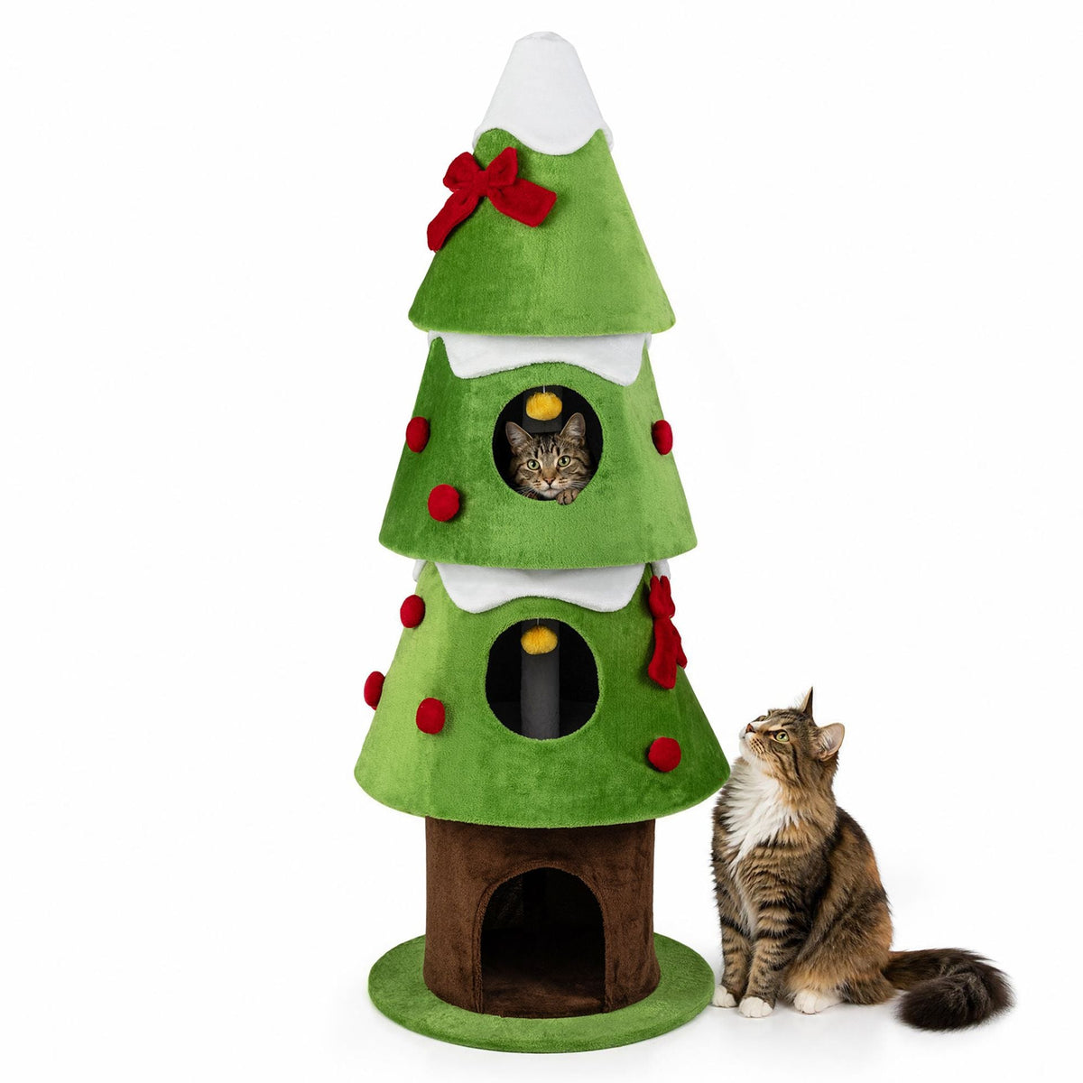 157.5 cm Christmas Cat Tree with 3 Cozy Condos and 2 Hanging Balls-Green