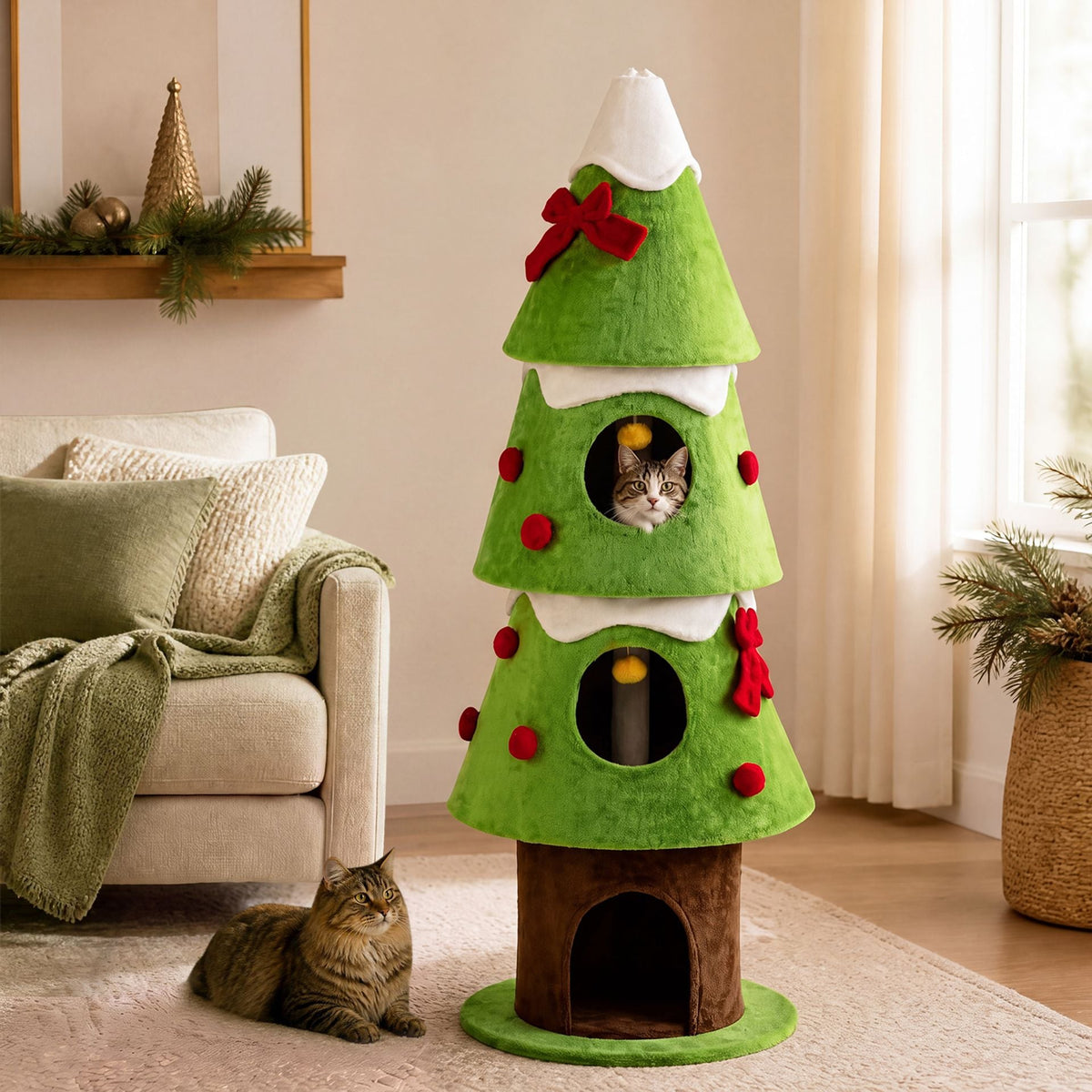 157.5 cm Christmas Cat Tree with 3 Cozy Condos and 2 Hanging Balls-Green
