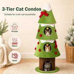 157.5 cm Christmas Cat Tree with 3 Cozy Condos and 2 Hanging Balls-Green