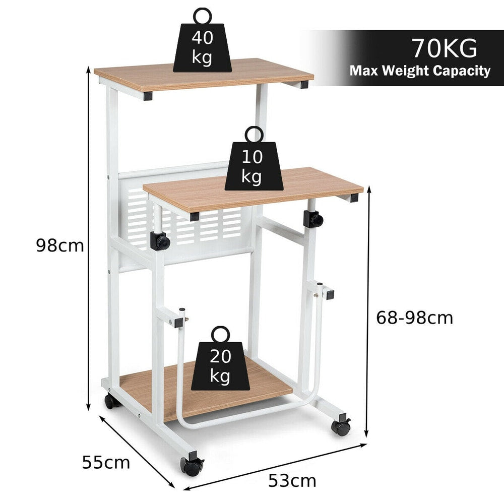 The computer desk with labels showing the weight capacity for each shelf and overall dimensions