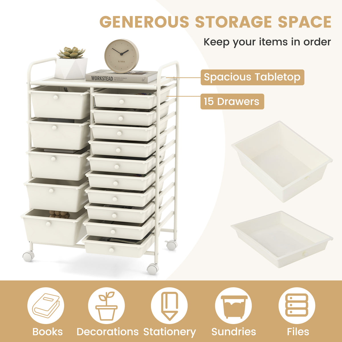 15 Drawer Rolling Storage Cart with 4 Wheels for Beauty Salon-White