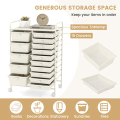 15 Drawer Rolling Storage Cart with 4 Wheels for Beauty Salon-White