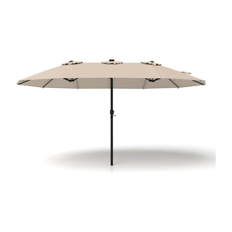 15ft Double-Sided Patio Umbrella with 144 Solar LED Lights Crank Handle No Base-Beige