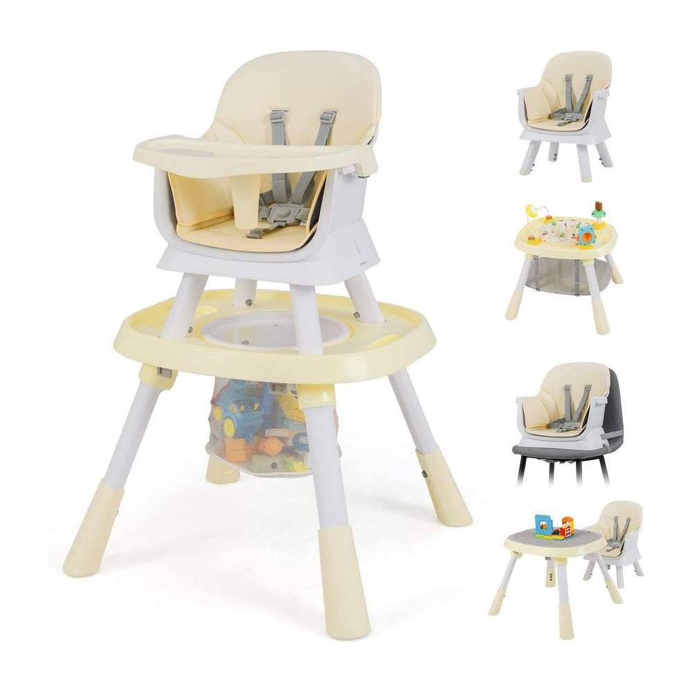 16-in-1 Convertible Baby High Chair with a beige seat and a storage basket underneath