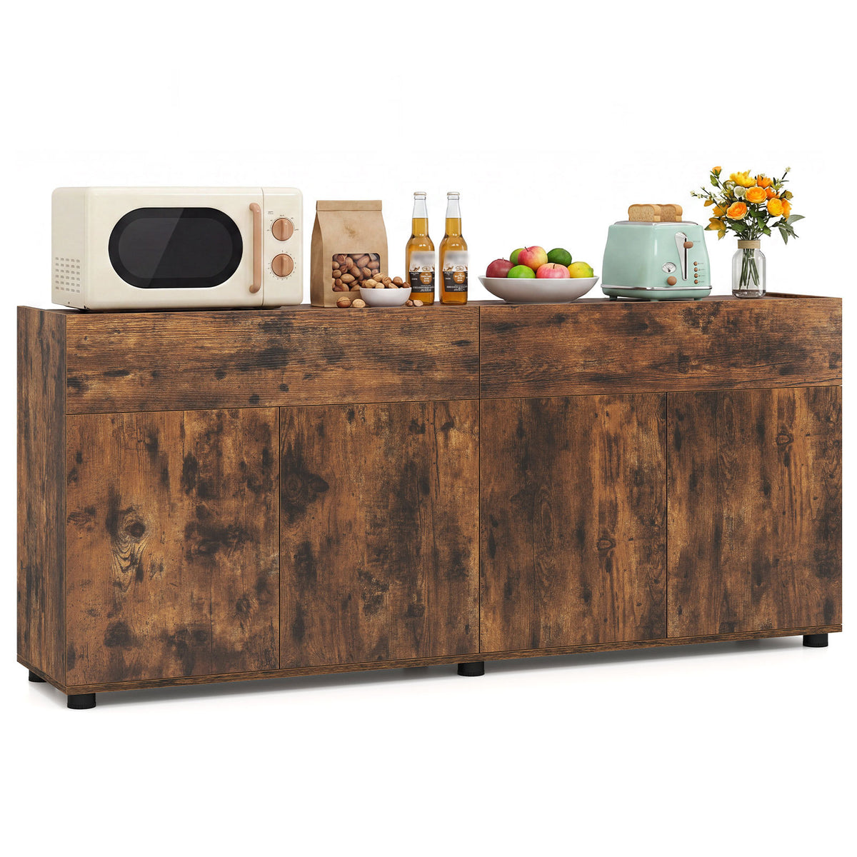 160 cm Buffet Cabinet with Push-to-Open Doors & 2 Drawers for Dining Room-Rustic Brown