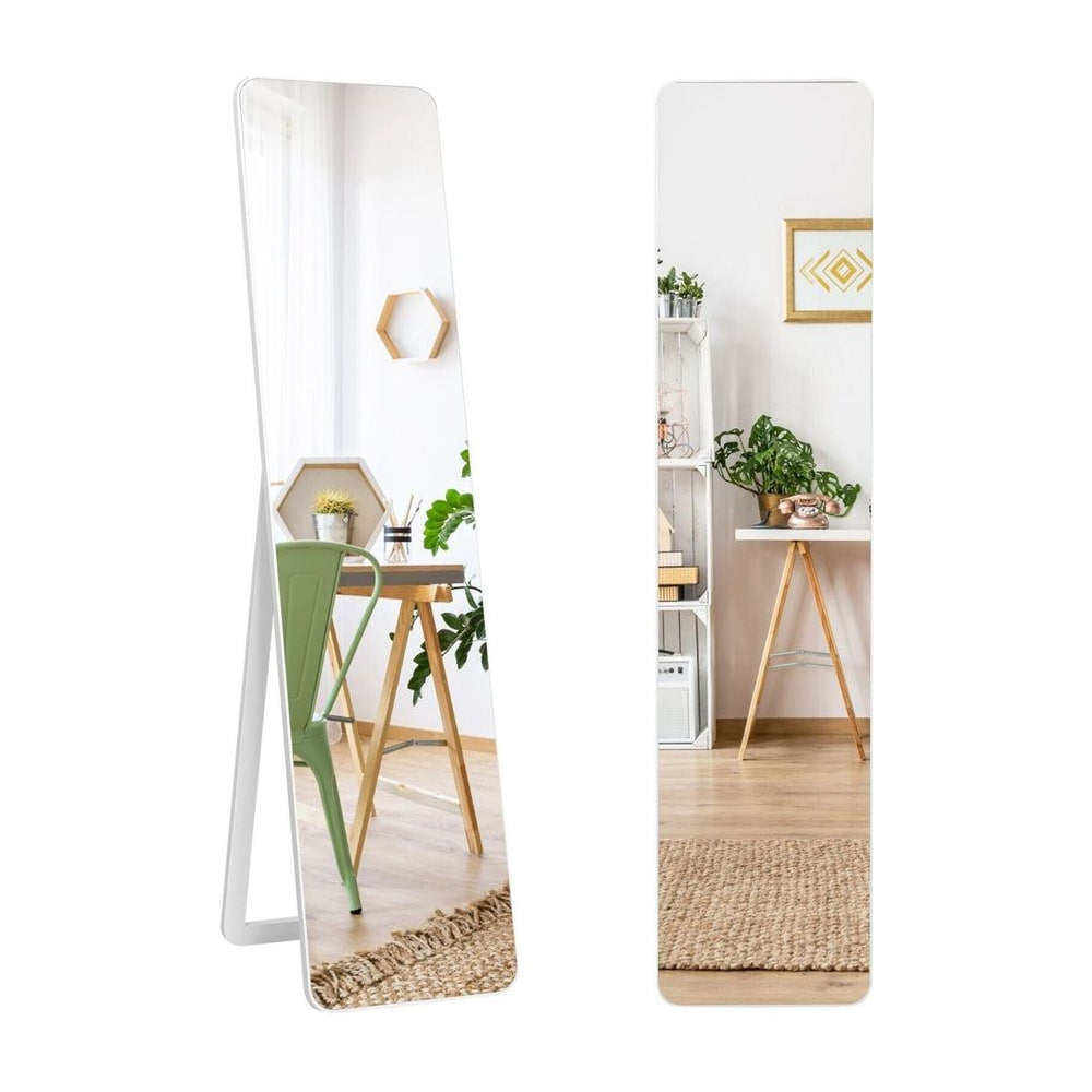 Free-standing Full Length Mirror with a white frame, shown in a bright room with a desk and chair