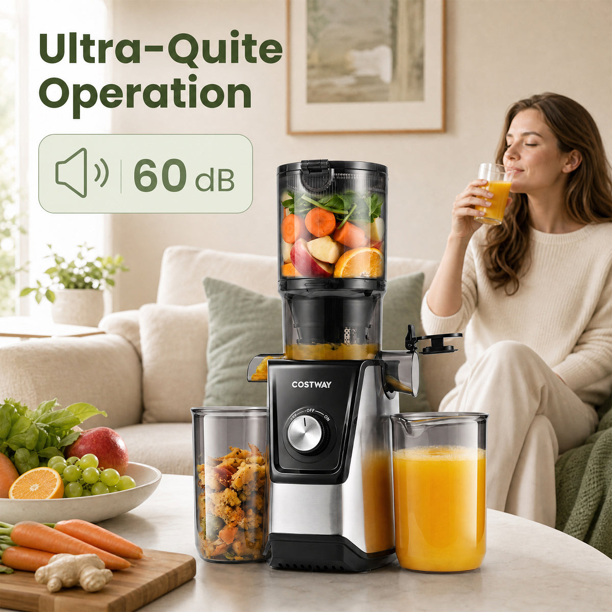160W Cold Press Juicer w/ Dual Outlets & Wide Chute for Whole Fruits Vegetables-Black