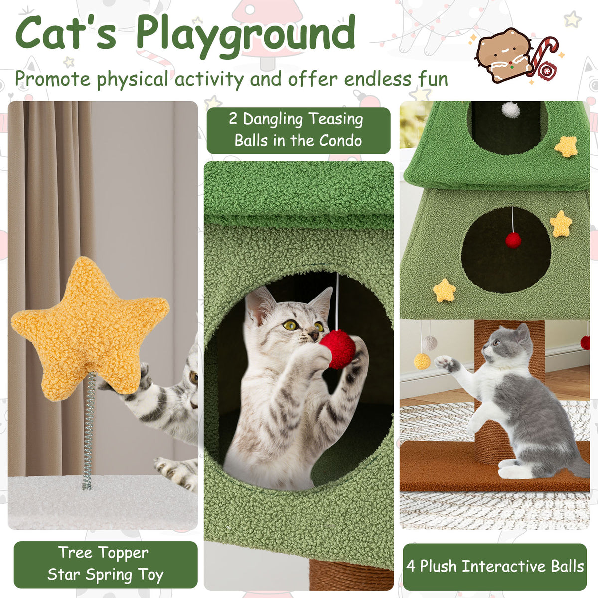 160cm Cute Cat Tower with 3 Condos and Sisal Scratching Post-Green & White
