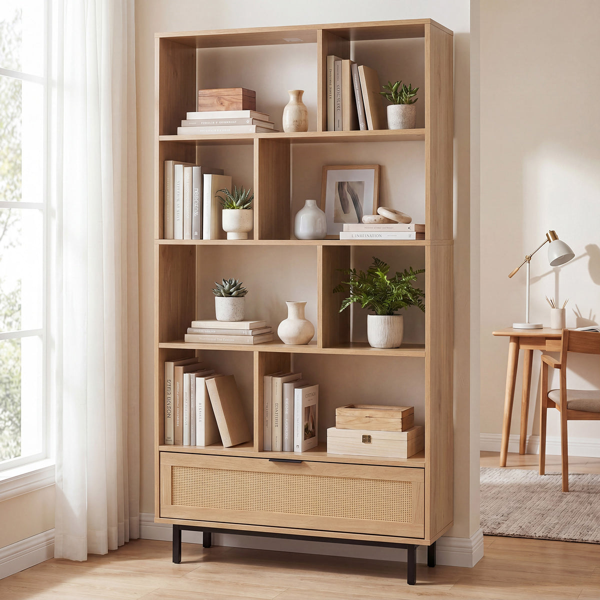 162 cm Tall Wooden Bookcase 6-Tier with 8 Open Cubes Rattan Drawer-Natural