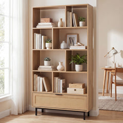 162 cm Tall Wooden Bookcase 6-Tier with 8 Open Cubes Rattan Drawer-Natural