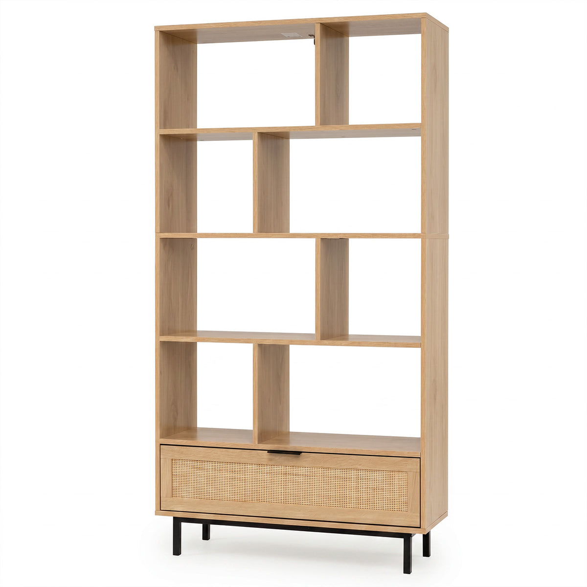 162 cm Tall Wooden Bookcase 6-Tier with 8 Open Cubes Rattan Drawer-Natural