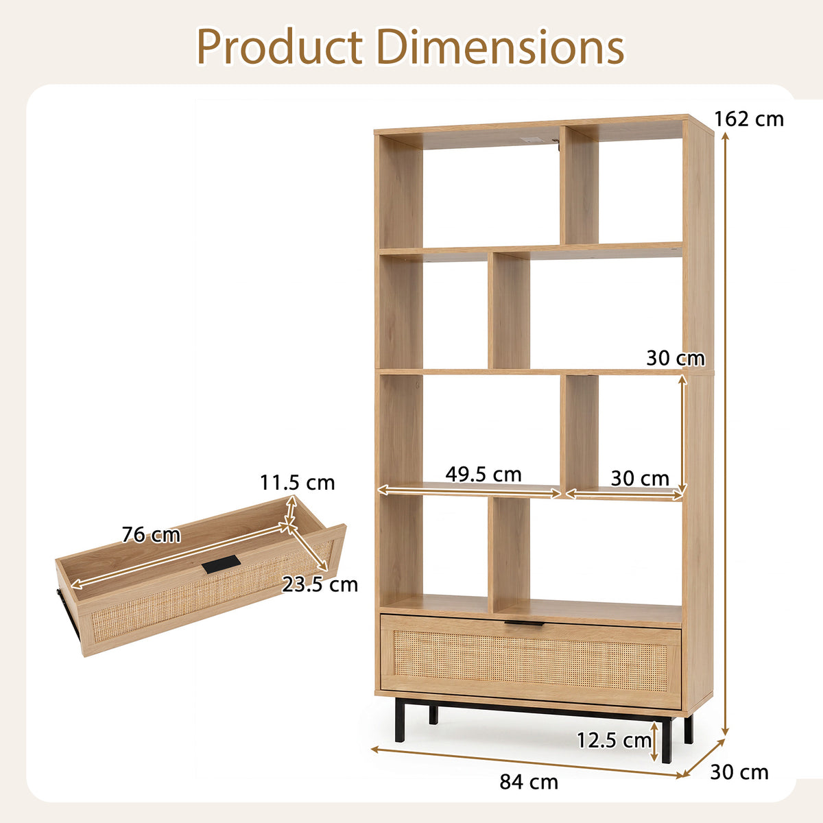 162 cm Tall Wooden Bookcase 6-Tier with 8 Open Cubes Rattan Drawer-Natural