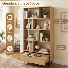 162 cm Tall Wooden Bookcase 6-Tier with 8 Open Cubes Rattan Drawer-Natural