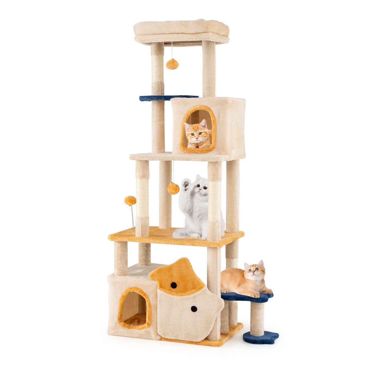 163 cm Large Kitty Tower with 2 Condos and Removable Plush Perch-Yellow
