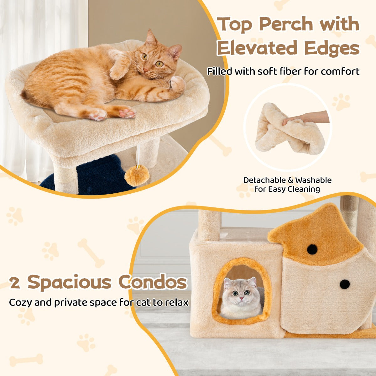 163 cm Large Kitty Tower with 2 Condos and Removable Plush Perch-Yellow
