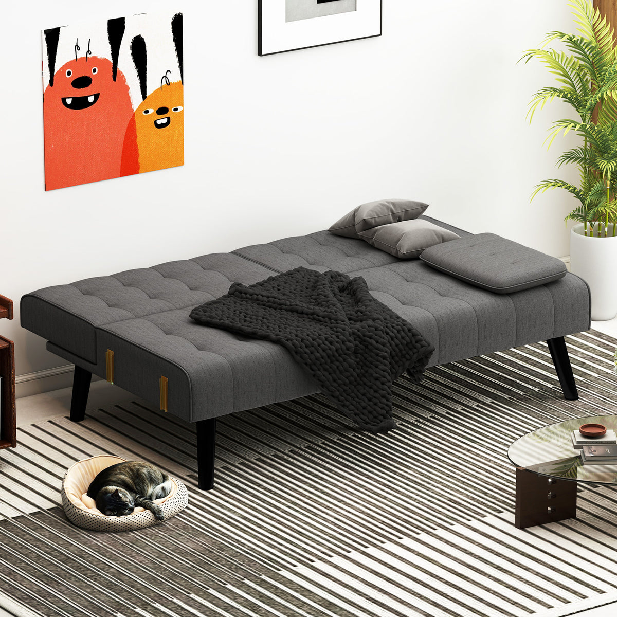 164 CM Convertible Futon Sofa Bed with 3-Position Adjustable Backrests-Grey