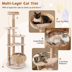 164 cm Cat Tree with Jute Scratching Posts and Dangling Balls-Beige