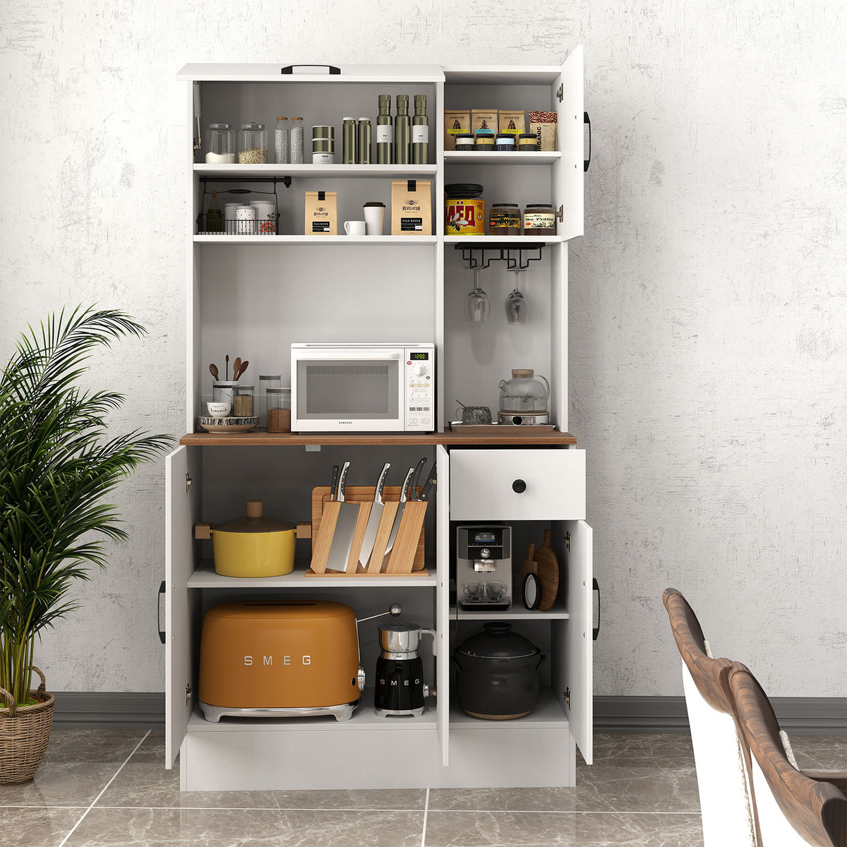 167cm Tall Pantry Cabinet with Hutch and Power Outlets-White