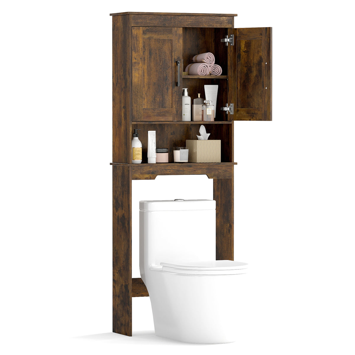 Open doors of the over the toilet storage unit showing shelves