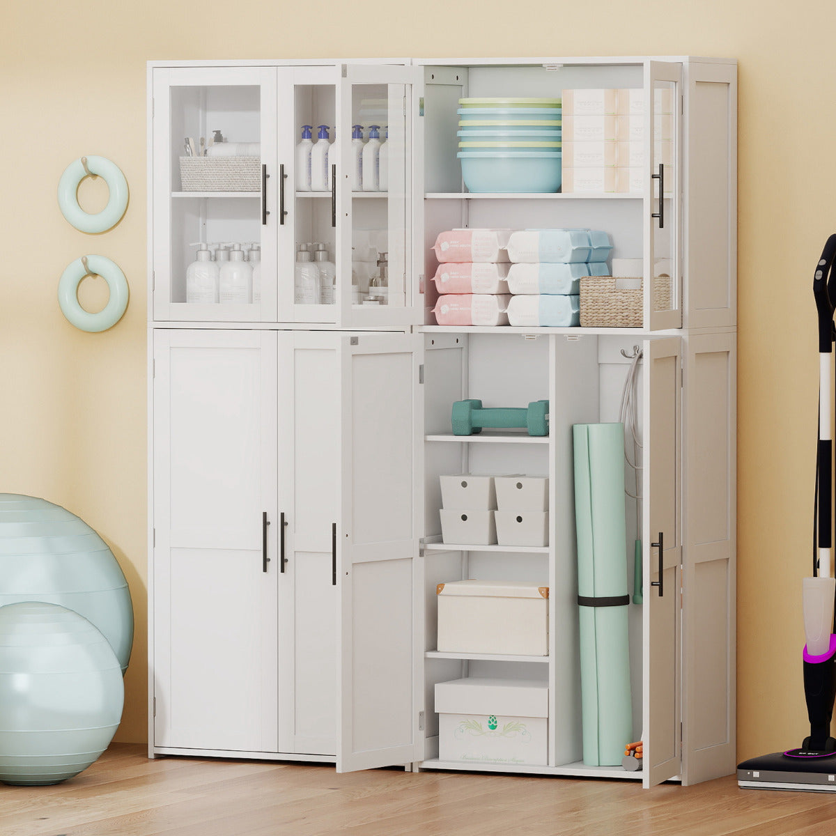 168CM Tall Freestanding Cleaning Tool Cabinet with Doors and Shelves-White