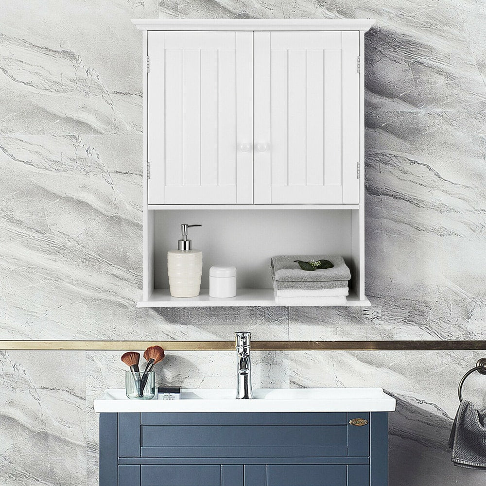 White wall cabinet with adjustable shelf, shown above a bathroom sink