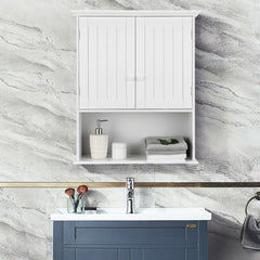 White wall cabinet with adjustable shelf, shown above a bathroom sink