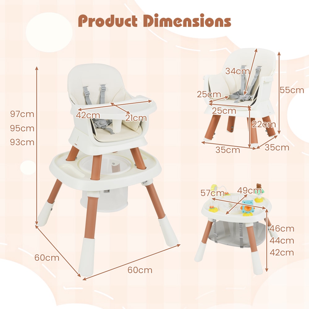 Product dimensions diagram showing the white convertible high chair and a smaller table