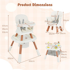 Product dimensions diagram showing the white convertible high chair and a smaller table
