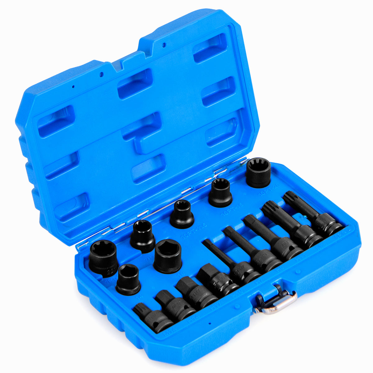 16pcs Impact Brake Caliper Socket Set displayed inside a bright blue plastic carry case