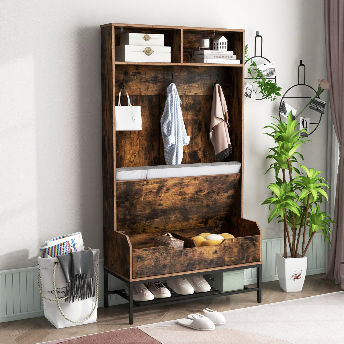 4-in-1 Coat Rack with Seat Cushion and Open Compartments-Rustic Brown