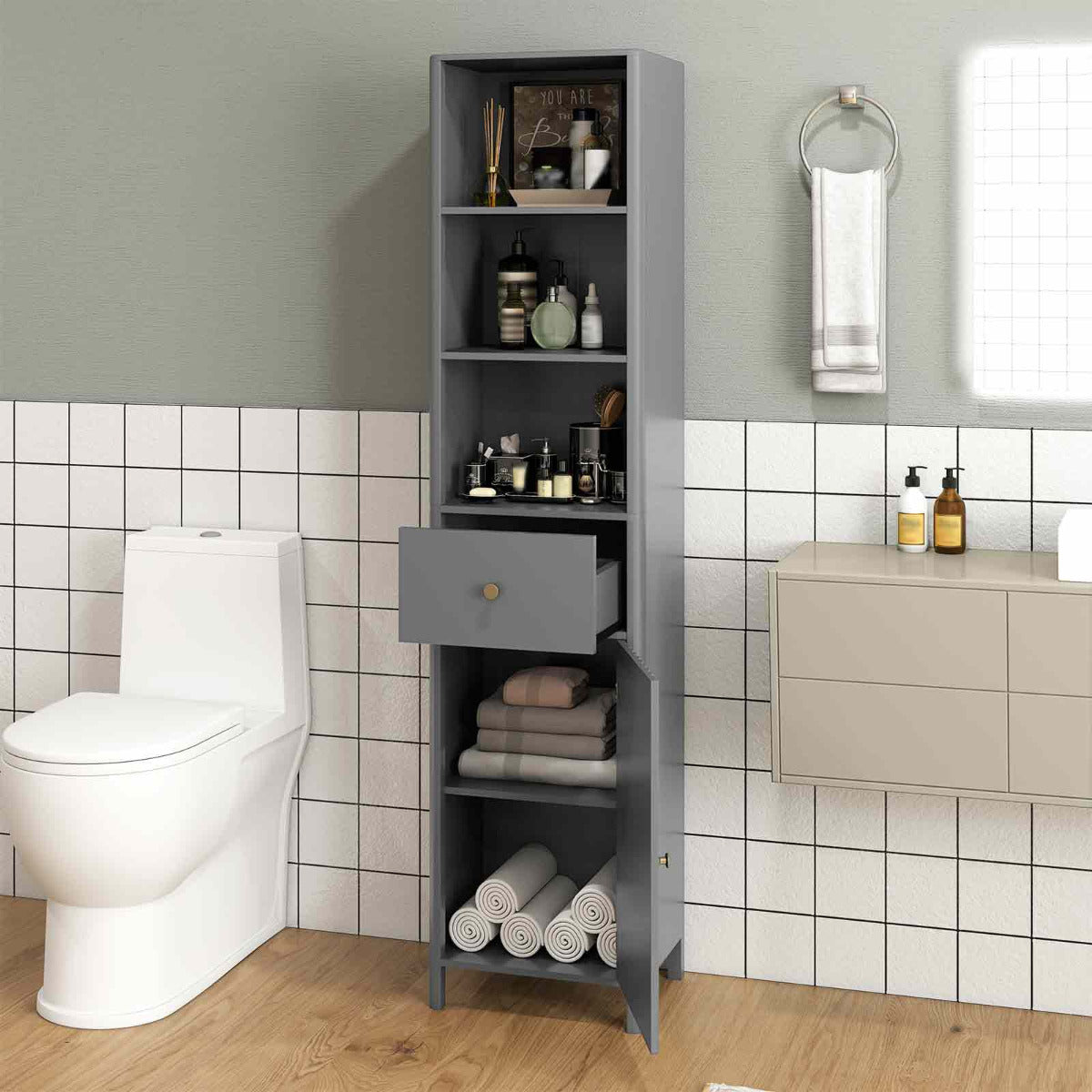 170cm Tall Bathroom Cabinet with Fluted Door and 1 Drawer 3 Open Shelves-Grey
