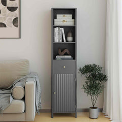 170cm Tall Bathroom Cabinet with Fluted Door and 1 Drawer 3 Open Shelves-Grey
