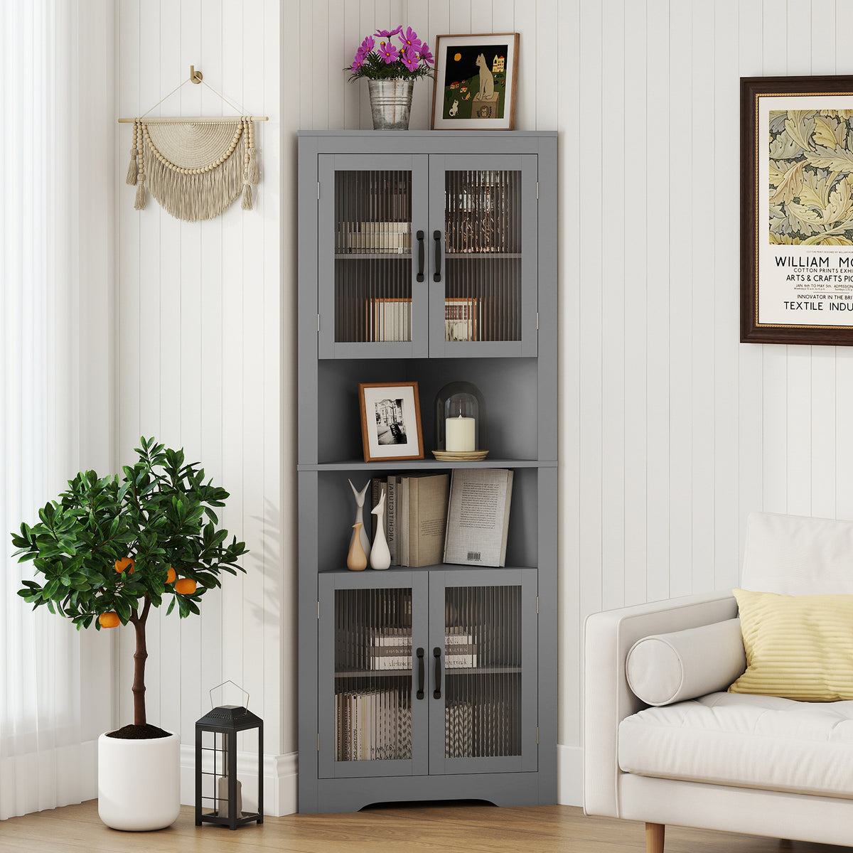 171cm Tall Space-saving Corner Cabinet with 4 Tempered Glass Doors and Adjustable Shelves-Grey
