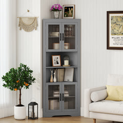 171cm Tall Space-saving Corner Cabinet with 4 Tempered Glass Doors and Adjustable Shelves-Grey