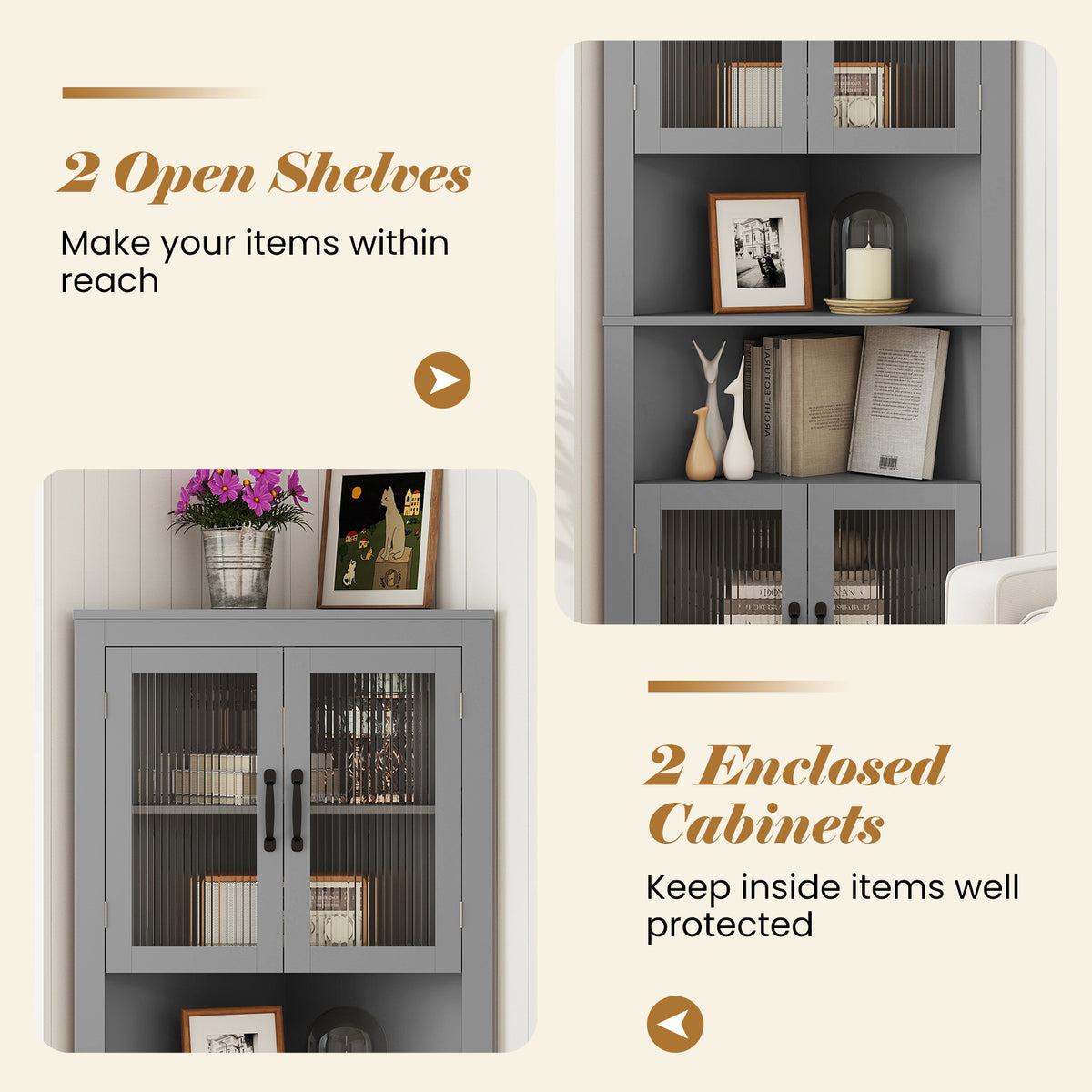 171cm Tall Space-saving Corner Cabinet with 4 Tempered Glass Doors and Adjustable Shelves-Grey